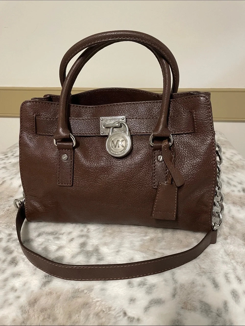 Michael Kors Dark Brown Pebbled Leather Satchel with Silver Hardware